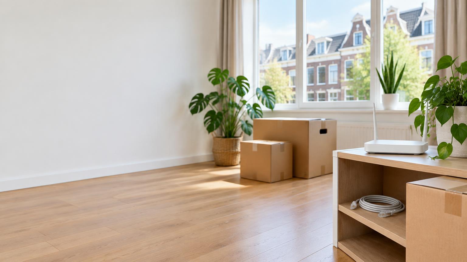 Verhuisdozen en een wifi-router in een nieuwe woning